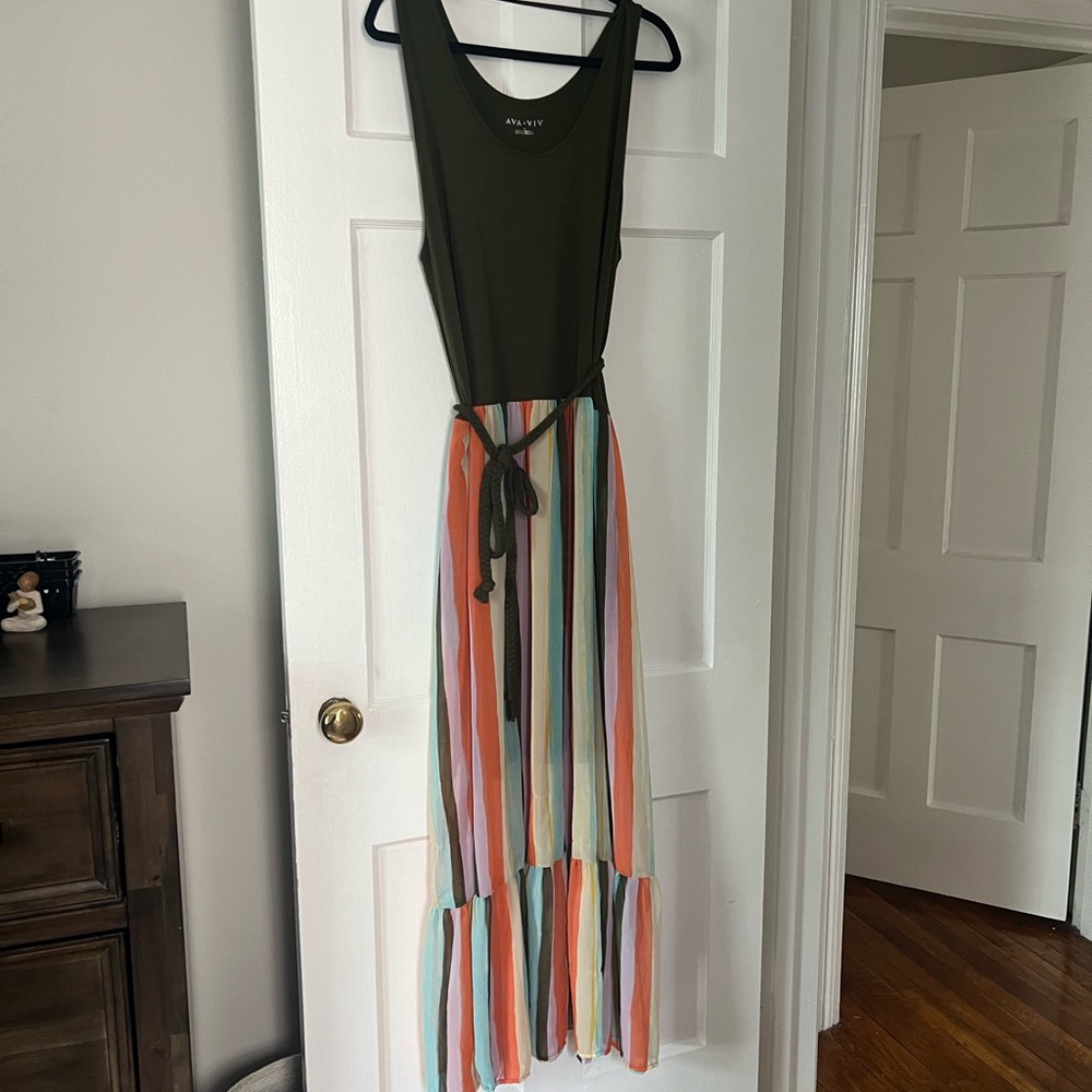 Olive Green and Colorful Striped Sleeveless Maxi Dress - Ava & Viv (Target)